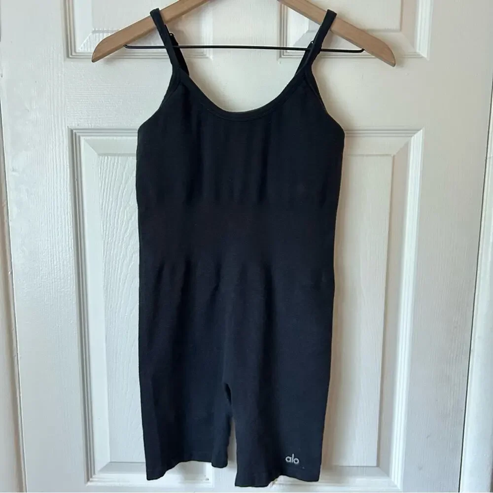 ALO Yoga Black Ribbed Tank Romper Jumpsuit